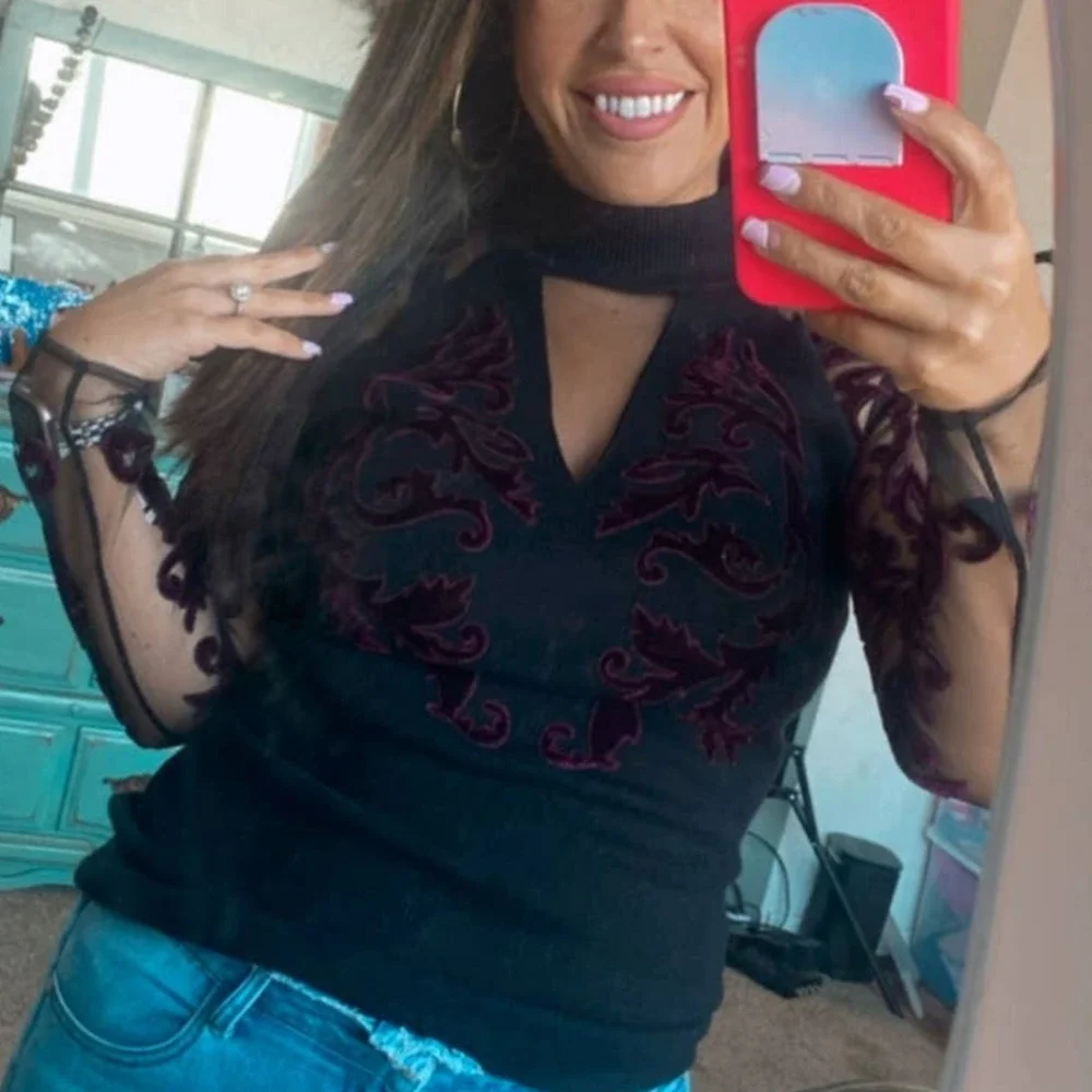 INC Flocked Velvet Illusion Black & Wine Choker Mesh Sweater Top Medium - Picture 11 of 11